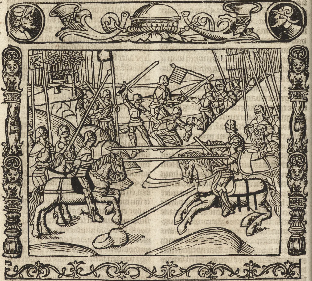An illustration from Dits die excellente Cronike vā vlaenderē Beghinnende vā Liederick Buc den eersten Forestier tot dē laetstē, die door haer vrome feytē, namaels Grauē vā Vlaendrē ghemaect wordē, achteruolghende die rechte afcomste der voorsz grauē, tot desen onsen doorluchtichstē hoochghborē Keyser Karolo altijt v'meerder des rijcx geborē te Ghendt, etc, 1531, leaf 153