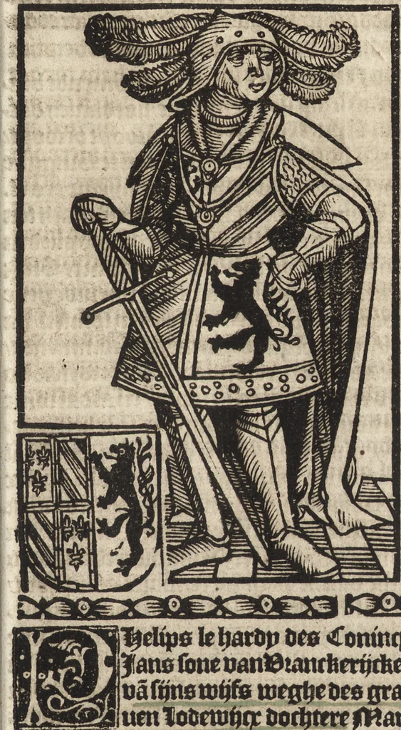 An illustration from Dits die excellente Cronike vā vlaenderē Beghinnende vā Liederick Buc den eersten Forestier tot dē laetstē, die door haer vrome feytē, namaels Grauē vā Vlaendrē ghemaect wordē, achteruolghende die rechte afcomste der voorsz grauē, tot desen onsen doorluchtichstē hoochghborē Keyser Karolo altijt v'meerder des rijcx geborē te Ghendt, etc, 1531, leaf 156