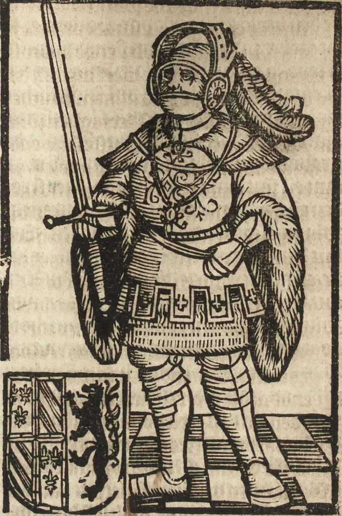 An illustration from Dits die excellente Cronike vā vlaenderē Beghinnende vā Liederick Buc den eersten Forestier tot dē laetstē, die door haer vrome feytē, namaels Grauē vā Vlaendrē ghemaect wordē, achteruolghende die rechte afcomste der voorsz grauē, tot desen onsen doorluchtichstē hoochghborē Keyser Karolo altijt v'meerder des rijcx geborē te Ghendt, etc, 1531, leaf 170