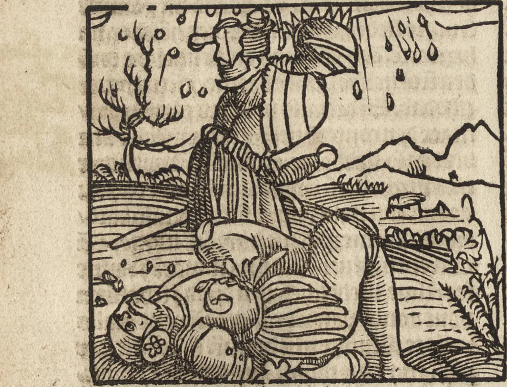 An illustration from Dits die excellente Cronike vā vlaenderē Beghinnende vā Liederick Buc den eersten Forestier tot dē laetstē, die door haer vrome feytē, namaels Grauē vā Vlaendrē ghemaect wordē, achteruolghende die rechte afcomste der voorsz grauē, tot desen onsen doorluchtichstē hoochghborē Keyser Karolo altijt v'meerder des rijcx geborē te Ghendt, etc, 1531, leaf 173