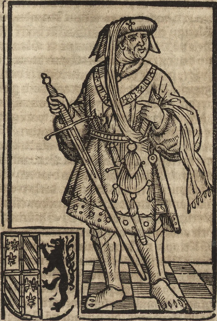 An illustration from Dits die excellente Cronike vā vlaenderē Beghinnende vā Liederick Buc den eersten Forestier tot dē laetstē, die door haer vrome feytē, namaels Grauē vā Vlaendrē ghemaect wordē, achteruolghende die rechte afcomste der voorsz grauē, tot desen onsen doorluchtichstē hoochghborē Keyser Karolo altijt v'meerder des rijcx geborē te Ghendt, etc, 1531, leaf 174