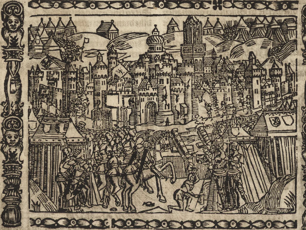 An illustration from Dits die excellente Cronike vā vlaenderē Beghinnende vā Liederick Buc den eersten Forestier tot dē laetstē, die door haer vrome feytē, namaels Grauē vā Vlaendrē ghemaect wordē, achteruolghende die rechte afcomste der voorsz grauē, tot desen onsen doorluchtichstē hoochghborē Keyser Karolo altijt v'meerder des rijcx geborē te Ghendt, etc, 1531, leaf 175