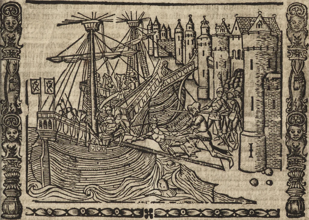 An illustration from Dits die excellente Cronike vā vlaenderē Beghinnende vā Liederick Buc den eersten Forestier tot dē laetstē, die door haer vrome feytē, namaels Grauē vā Vlaendrē ghemaect wordē, achteruolghende die rechte afcomste der voorsz grauē, tot desen onsen doorluchtichstē hoochghborē Keyser Karolo altijt v'meerder des rijcx geborē te Ghendt, etc, 1531, leaf 176