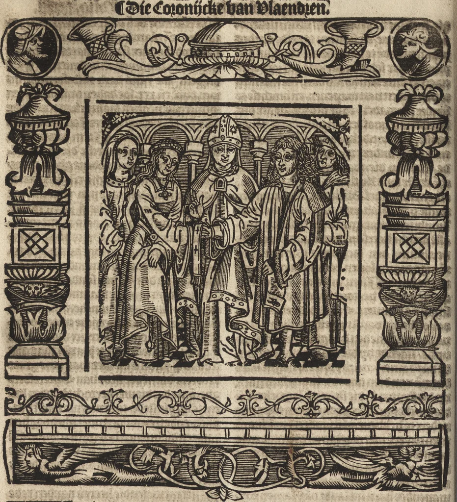 An illustration from Dits die excellente Cronike vā vlaenderē Beghinnende vā Liederick Buc den eersten Forestier tot dē laetstē, die door haer vrome feytē, namaels Grauē vā Vlaendrē ghemaect wordē, achteruolghende die rechte afcomste der voorsz grauē, tot desen onsen doorluchtichstē hoochghborē Keyser Karolo altijt v'meerder des rijcx geborē te Ghendt, etc, 1531, leaf 179