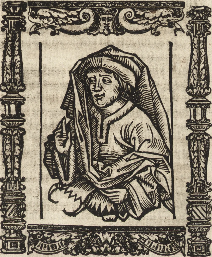 An illustration from Dits die excellente Cronike vā vlaenderē Beghinnende vā Liederick Buc den eersten Forestier tot dē laetstē, die door haer vrome feytē, namaels Grauē vā Vlaendrē ghemaect wordē, achteruolghende die rechte afcomste der voorsz grauē, tot desen onsen doorluchtichstē hoochghborē Keyser Karolo altijt v'meerder des rijcx geborē te Ghendt, etc, 1531, leaf 18