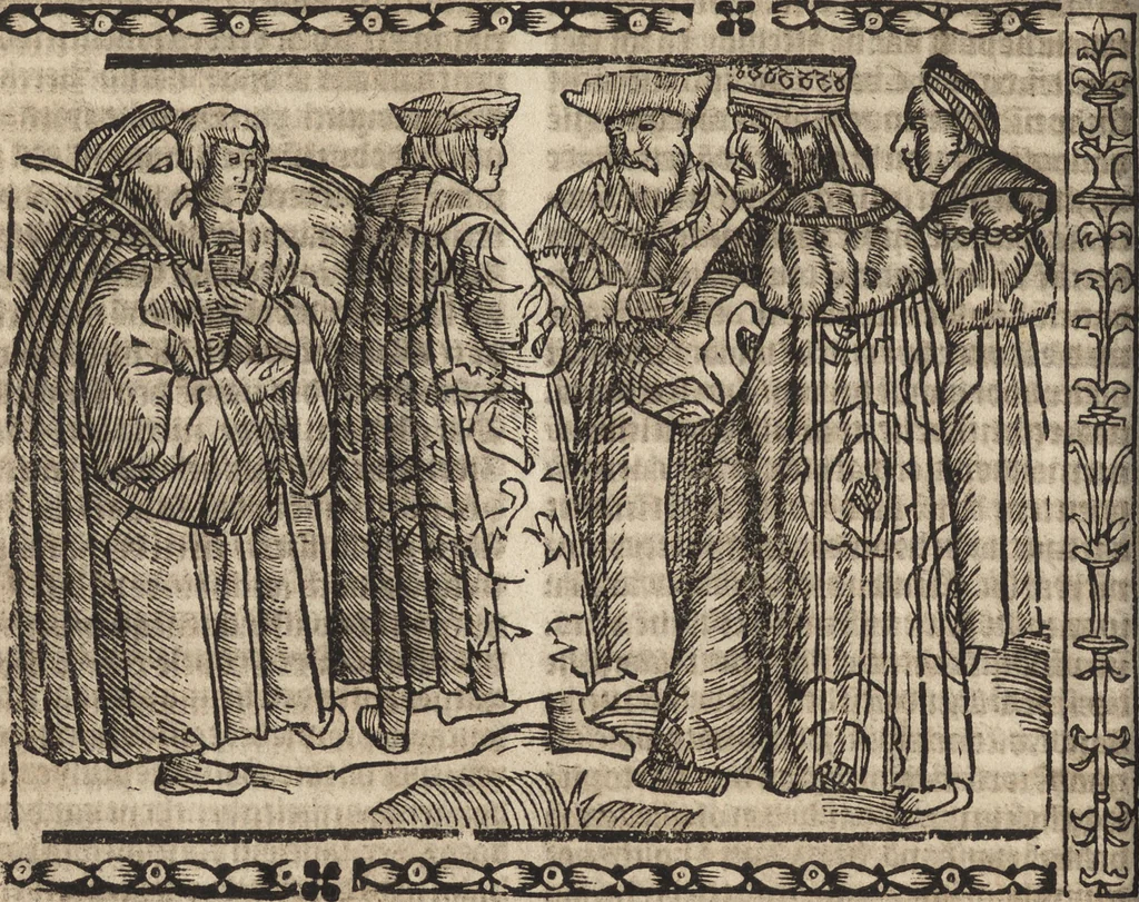 An illustration from Dits die excellente Cronike vā vlaenderē Beghinnende vā Liederick Buc den eersten Forestier tot dē laetstē, die door haer vrome feytē, namaels Grauē vā Vlaendrē ghemaect wordē, achteruolghende die rechte afcomste der voorsz grauē, tot desen onsen doorluchtichstē hoochghborē Keyser Karolo altijt v'meerder des rijcx geborē te Ghendt, etc, 1531, leaf 181