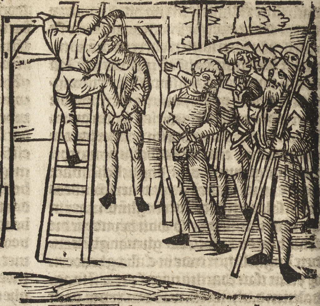 An illustration from Dits die excellente Cronike vā vlaenderē Beghinnende vā Liederick Buc den eersten Forestier tot dē laetstē, die door haer vrome feytē, namaels Grauē vā Vlaendrē ghemaect wordē, achteruolghende die rechte afcomste der voorsz grauē, tot desen onsen doorluchtichstē hoochghborē Keyser Karolo altijt v'meerder des rijcx geborē te Ghendt, etc, 1531, leaf 185