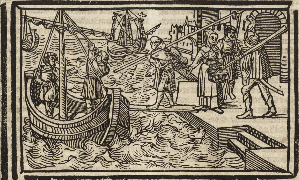 An illustration from Dits die excellente Cronike vā vlaenderē Beghinnende vā Liederick Buc den eersten Forestier tot dē laetstē, die door haer vrome feytē, namaels Grauē vā Vlaendrē ghemaect wordē, achteruolghende die rechte afcomste der voorsz grauē, tot desen onsen doorluchtichstē hoochghborē Keyser Karolo altijt v'meerder des rijcx geborē te Ghendt, etc, 1531, leaf 186