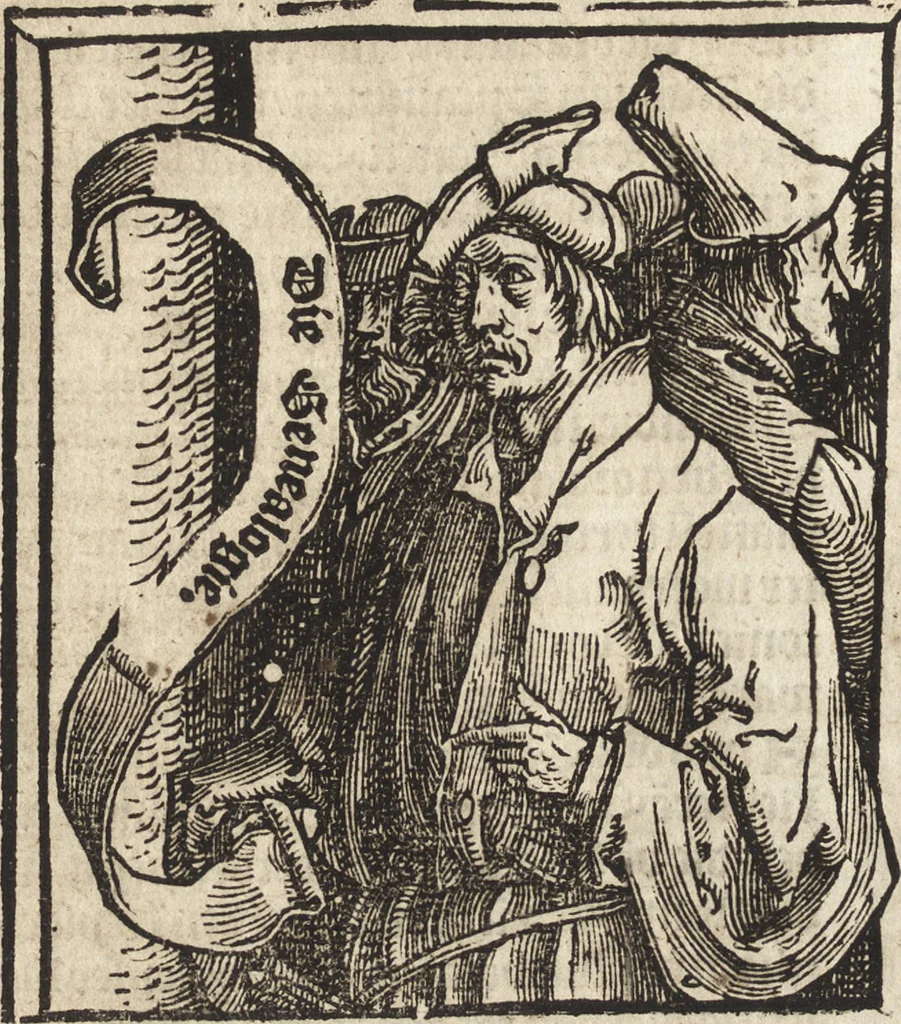 An illustration from Dits die excellente Cronike vā vlaenderē Beghinnende vā Liederick Buc den eersten Forestier tot dē laetstē, die door haer vrome feytē, namaels Grauē vā Vlaendrē ghemaect wordē, achteruolghende die rechte afcomste der voorsz grauē, tot desen onsen doorluchtichstē hoochghborē Keyser Karolo altijt v'meerder des rijcx geborē te Ghendt, etc, 1531, leaf 19