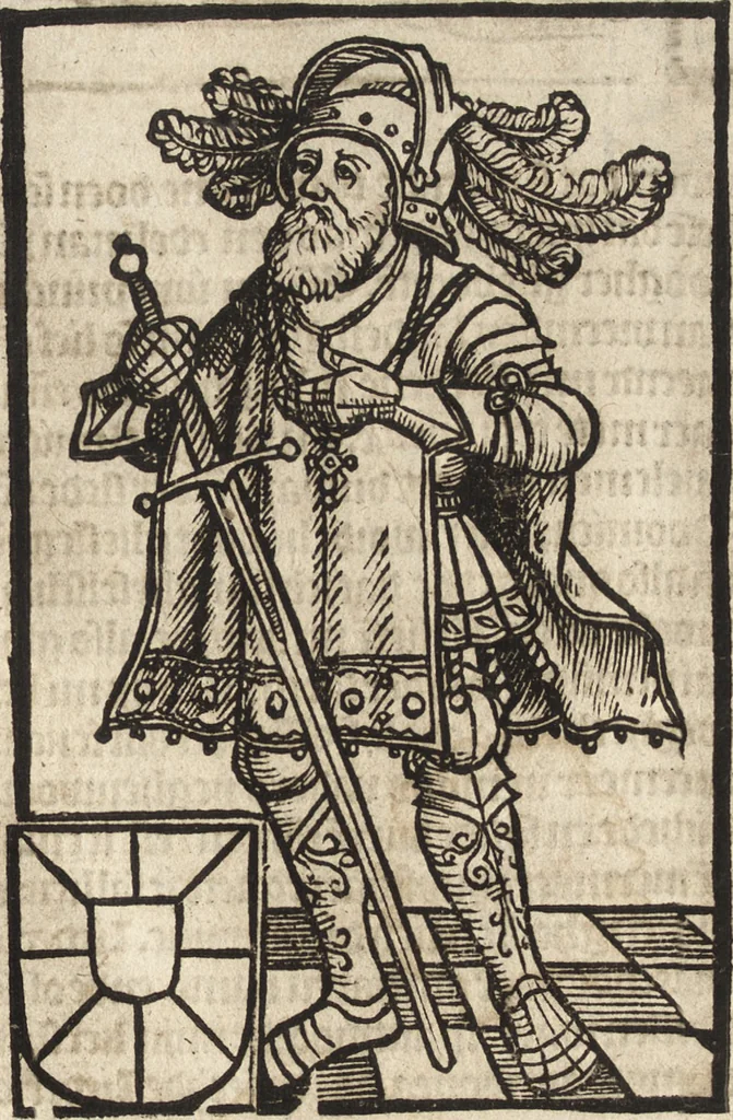 An illustration from Dits die excellente Cronike vā vlaenderē Beghinnende vā Liederick Buc den eersten Forestier tot dē laetstē, die door haer vrome feytē, namaels Grauē vā Vlaendrē ghemaect wordē, achteruolghende die rechte afcomste der voorsz grauē, tot desen onsen doorluchtichstē hoochghborē Keyser Karolo altijt v'meerder des rijcx geborē te Ghendt, etc, 1531, leaf 20