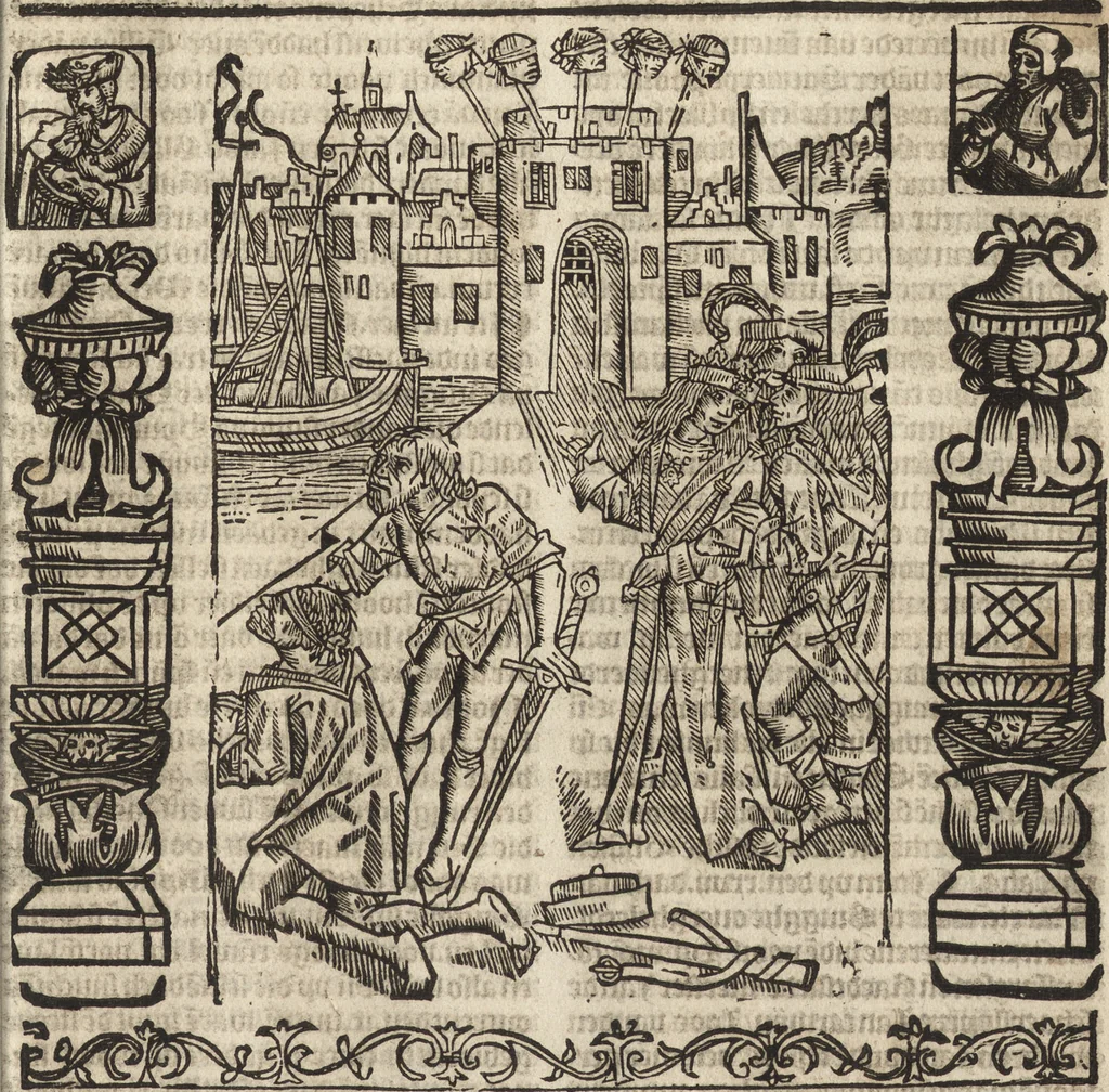 An illustration from Dits die excellente Cronike vā vlaenderē Beghinnende vā Liederick Buc den eersten Forestier tot dē laetstē, die door haer vrome feytē, namaels Grauē vā Vlaendrē ghemaect wordē, achteruolghende die rechte afcomste der voorsz grauē, tot desen onsen doorluchtichstē hoochghborē Keyser Karolo altijt v'meerder des rijcx geborē te Ghendt, etc, 1531, leaf 214