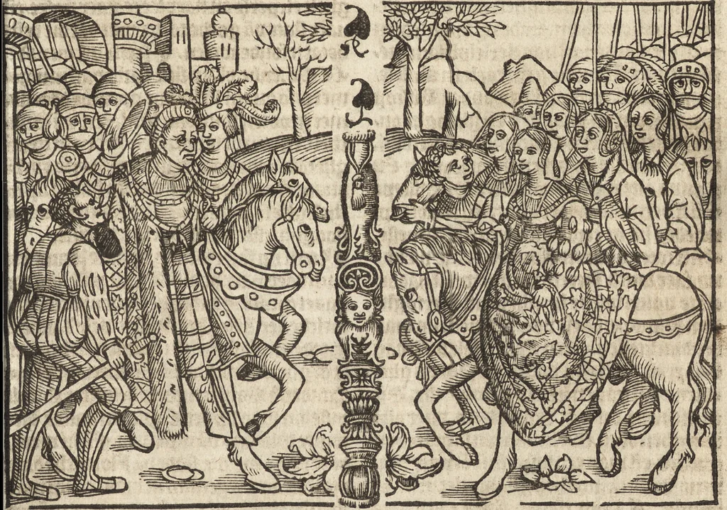 An illustration from Dits die excellente Cronike vā vlaenderē Beghinnende vā Liederick Buc den eersten Forestier tot dē laetstē, die door haer vrome feytē, namaels Grauē vā Vlaendrē ghemaect wordē, achteruolghende die rechte afcomste der voorsz grauē, tot desen onsen doorluchtichstē hoochghborē Keyser Karolo altijt v'meerder des rijcx geborē te Ghendt, etc, 1531, leaf 218