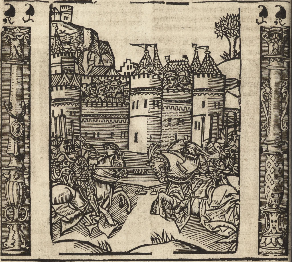An illustration from Dits die excellente Cronike vā vlaenderē Beghinnende vā Liederick Buc den eersten Forestier tot dē laetstē, die door haer vrome feytē, namaels Grauē vā Vlaendrē ghemaect wordē, achteruolghende die rechte afcomste der voorsz grauē, tot desen onsen doorluchtichstē hoochghborē Keyser Karolo altijt v'meerder des rijcx geborē te Ghendt, etc, 1531, leaf 219