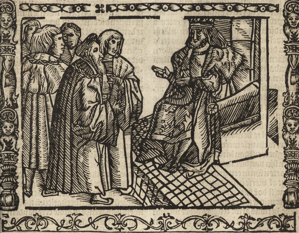 An illustration from Dits die excellente Cronike vā vlaenderē Beghinnende vā Liederick Buc den eersten Forestier tot dē laetstē, die door haer vrome feytē, namaels Grauē vā Vlaendrē ghemaect wordē, achteruolghende die rechte afcomste der voorsz grauē, tot desen onsen doorluchtichstē hoochghborē Keyser Karolo altijt v'meerder des rijcx geborē te Ghendt, etc, 1531, leaf 220