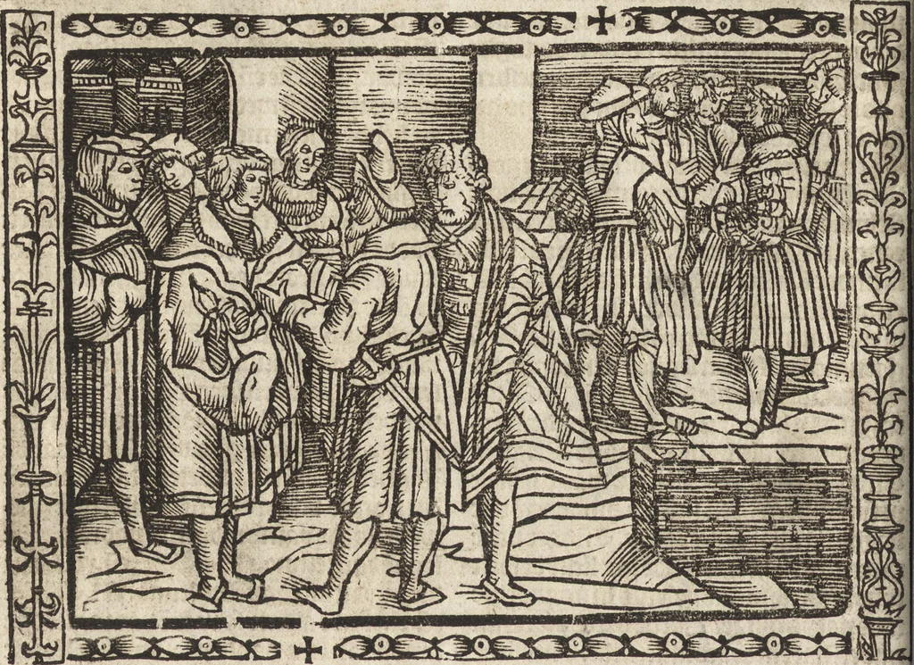 An illustration from Dits die excellente Cronike vā vlaenderē Beghinnende vā Liederick Buc den eersten Forestier tot dē laetstē, die door haer vrome feytē, namaels Grauē vā Vlaendrē ghemaect wordē, achteruolghende die rechte afcomste der voorsz grauē, tot desen onsen doorluchtichstē hoochghborē Keyser Karolo altijt v'meerder des rijcx geborē te Ghendt, etc, 1531, leaf 223