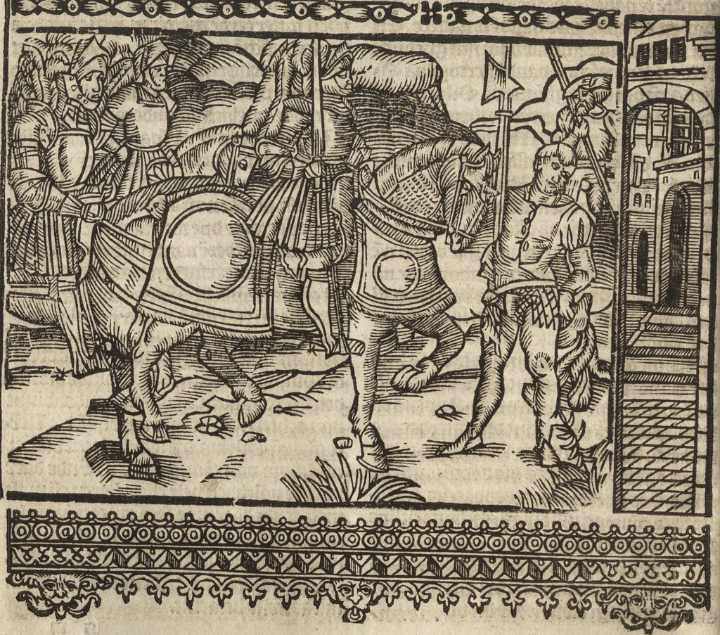 An illustration from Dits die excellente Cronike vā vlaenderē Beghinnende vā Liederick Buc den eersten Forestier tot dē laetstē, die door haer vrome feytē, namaels Grauē vā Vlaendrē ghemaect wordē, achteruolghende die rechte afcomste der voorsz grauē, tot desen onsen doorluchtichstē hoochghborē Keyser Karolo altijt v'meerder des rijcx geborē te Ghendt, etc, 1531, leaf 225