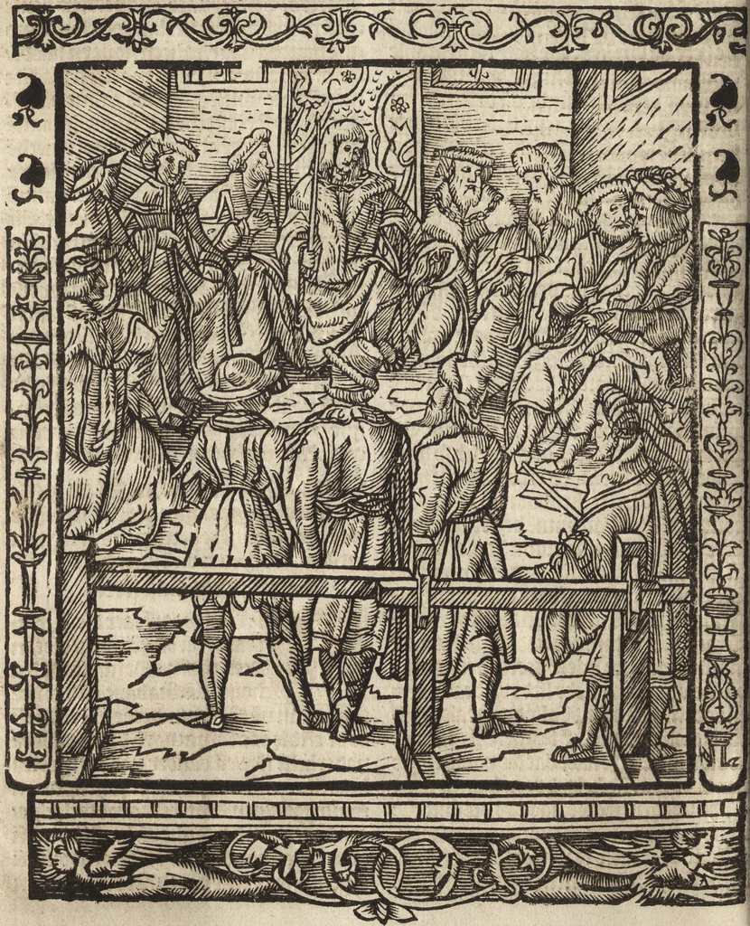 An illustration from Dits die excellente Cronike vā vlaenderē Beghinnende vā Liederick Buc den eersten Forestier tot dē laetstē, die door haer vrome feytē, namaels Grauē vā Vlaendrē ghemaect wordē, achteruolghende die rechte afcomste der voorsz grauē, tot desen onsen doorluchtichstē hoochghborē Keyser Karolo altijt v'meerder des rijcx geborē te Ghendt, etc, 1531, leaf 241