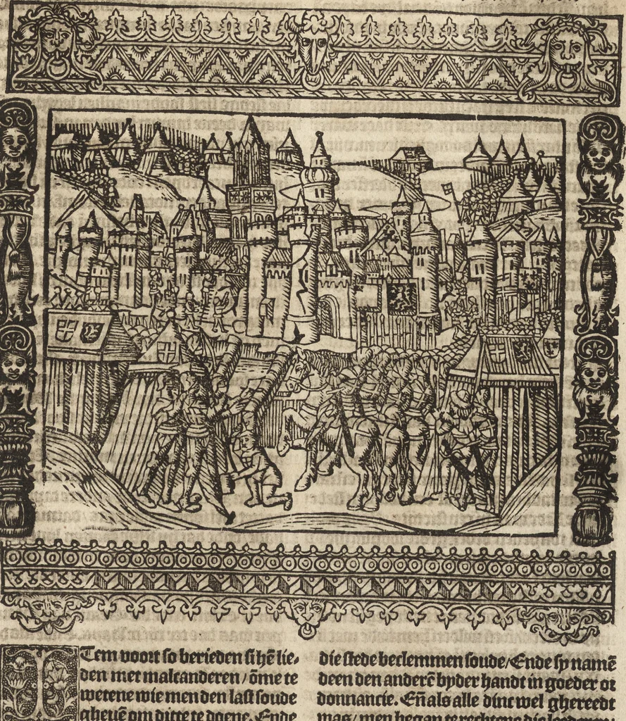 An illustration from Dits die excellente Cronike vā vlaenderē Beghinnende vā Liederick Buc den eersten Forestier tot dē laetstē, die door haer vrome feytē, namaels Grauē vā Vlaendrē ghemaect wordē, achteruolghende die rechte afcomste der voorsz grauē, tot desen onsen doorluchtichstē hoochghborē Keyser Karolo altijt v'meerder des rijcx geborē te Ghendt, etc, 1531, leaf 246