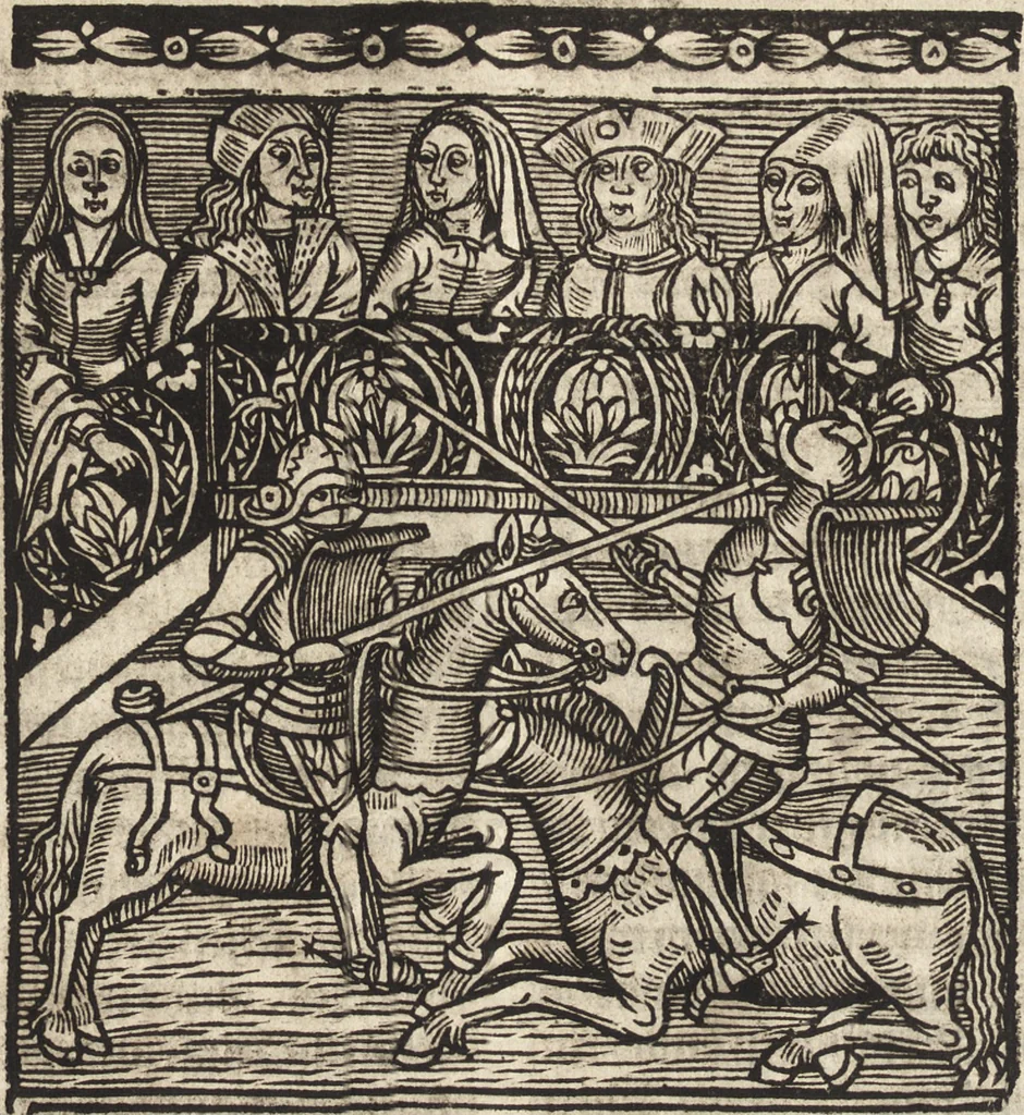 An illustration from Dits die excellente Cronike vā vlaenderē Beghinnende vā Liederick Buc den eersten Forestier tot dē laetstē, die door haer vrome feytē, namaels Grauē vā Vlaendrē ghemaect wordē, achteruolghende die rechte afcomste der voorsz grauē, tot desen onsen doorluchtichstē hoochghborē Keyser Karolo altijt v'meerder des rijcx geborē te Ghendt, etc, 1531, leaf 25