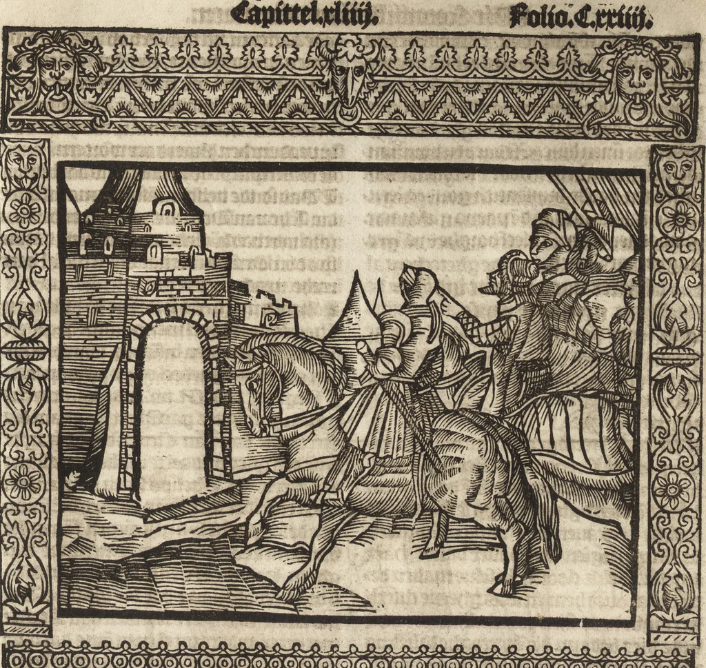 An illustration from Dits die excellente Cronike vā vlaenderē Beghinnende vā Liederick Buc den eersten Forestier tot dē laetstē, die door haer vrome feytē, namaels Grauē vā Vlaendrē ghemaect wordē, achteruolghende die rechte afcomste der voorsz grauē, tot desen onsen doorluchtichstē hoochghborē Keyser Karolo altijt v'meerder des rijcx geborē te Ghendt, etc, 1531, leaf 262
