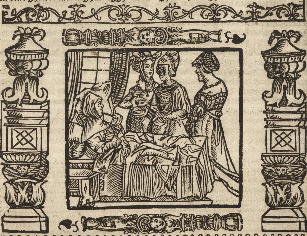 An illustration from Dits die excellente Cronike vā vlaenderē Beghinnende vā Liederick Buc den eersten Forestier tot dē laetstē, die door haer vrome feytē, namaels Grauē vā Vlaendrē ghemaect wordē, achteruolghende die rechte afcomste der voorsz grauē, tot desen onsen doorluchtichstē hoochghborē Keyser Karolo altijt v'meerder des rijcx geborē te Ghendt, etc, 1531, leaf 263