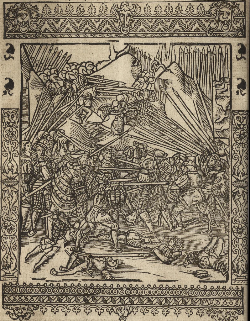 An illustration from Dits die excellente Cronike vā vlaenderē Beghinnende vā Liederick Buc den eersten Forestier tot dē laetstē, die door haer vrome feytē, namaels Grauē vā Vlaendrē ghemaect wordē, achteruolghende die rechte afcomste der voorsz grauē, tot desen onsen doorluchtichstē hoochghborē Keyser Karolo altijt v'meerder des rijcx geborē te Ghendt, etc, 1531, leaf 267