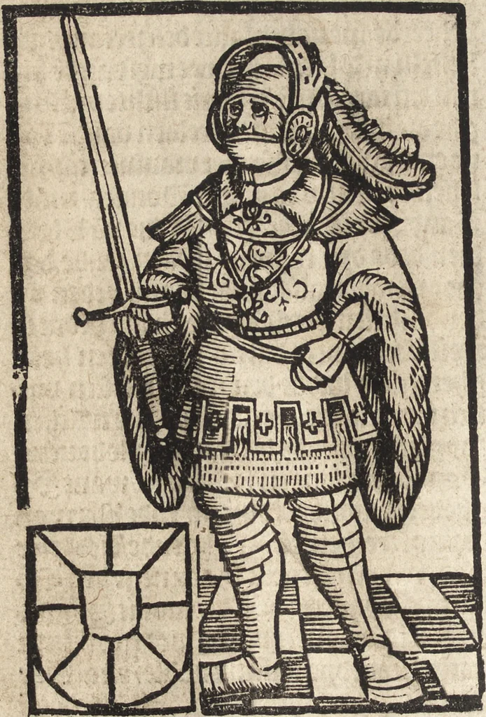 An illustration from Dits die excellente Cronike vā vlaenderē Beghinnende vā Liederick Buc den eersten Forestier tot dē laetstē, die door haer vrome feytē, namaels Grauē vā Vlaendrē ghemaect wordē, achteruolghende die rechte afcomste der voorsz grauē, tot desen onsen doorluchtichstē hoochghborē Keyser Karolo altijt v'meerder des rijcx geborē te Ghendt, etc, 1531, leaf 27