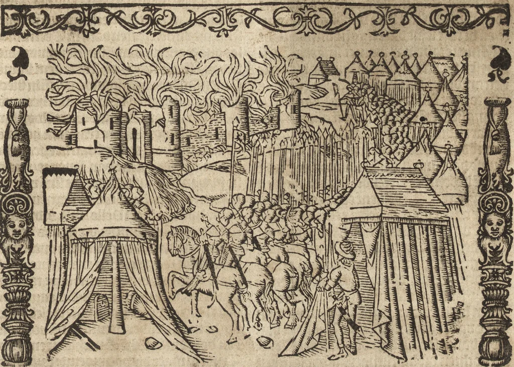 An illustration from Dits die excellente Cronike vā vlaenderē Beghinnende vā Liederick Buc den eersten Forestier tot dē laetstē, die door haer vrome feytē, namaels Grauē vā Vlaendrē ghemaect wordē, achteruolghende die rechte afcomste der voorsz grauē, tot desen onsen doorluchtichstē hoochghborē Keyser Karolo altijt v'meerder des rijcx geborē te Ghendt, etc, 1531, leaf 270