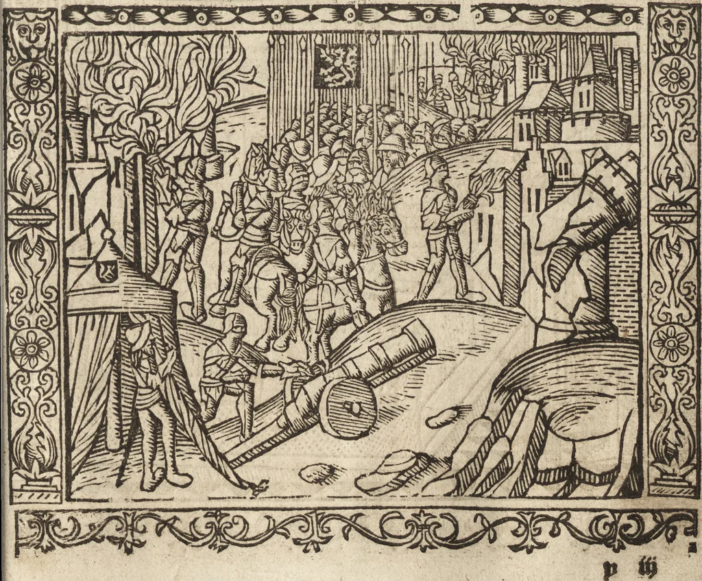 An illustration from Dits die excellente Cronike vā vlaenderē Beghinnende vā Liederick Buc den eersten Forestier tot dē laetstē, die door haer vrome feytē, namaels Grauē vā Vlaendrē ghemaect wordē, achteruolghende die rechte afcomste der voorsz grauē, tot desen onsen doorluchtichstē hoochghborē Keyser Karolo altijt v'meerder des rijcx geborē te Ghendt, etc, 1531, leaf 272