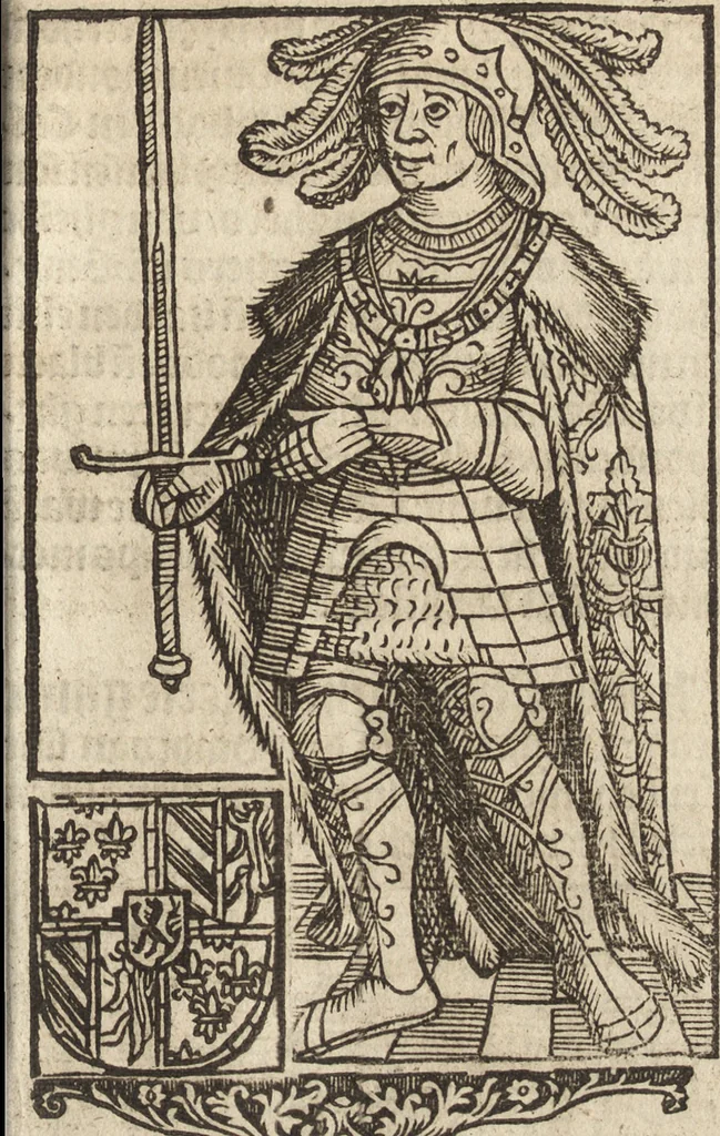 An illustration from Dits die excellente Cronike vā vlaenderē Beghinnende vā Liederick Buc den eersten Forestier tot dē laetstē, die door haer vrome feytē, namaels Grauē vā Vlaendrē ghemaect wordē, achteruolghende die rechte afcomste der voorsz grauē, tot desen onsen doorluchtichstē hoochghborē Keyser Karolo altijt v'meerder des rijcx geborē te Ghendt, etc, 1531, leaf 276