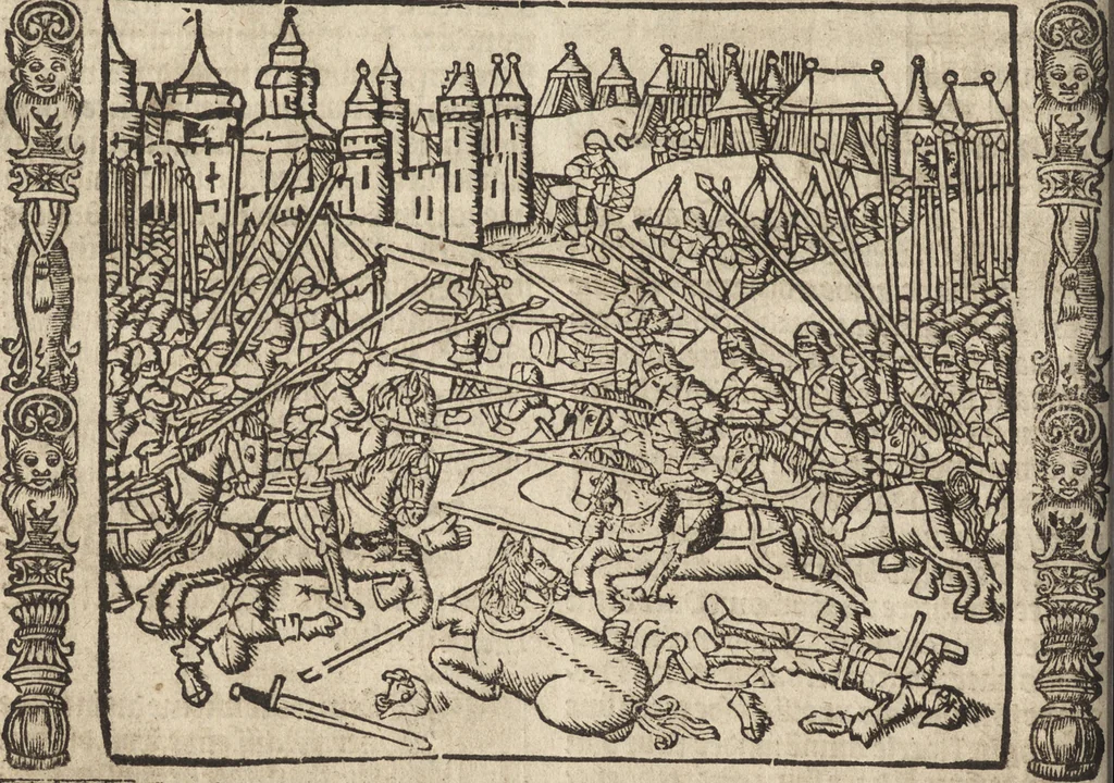 An illustration from Dits die excellente Cronike vā vlaenderē Beghinnende vā Liederick Buc den eersten Forestier tot dē laetstē, die door haer vrome feytē, namaels Grauē vā Vlaendrē ghemaect wordē, achteruolghende die rechte afcomste der voorsz grauē, tot desen onsen doorluchtichstē hoochghborē Keyser Karolo altijt v'meerder des rijcx geborē te Ghendt, etc, 1531, leaf 277