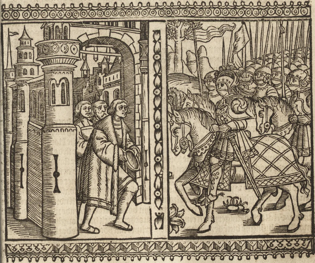 An illustration from Dits die excellente Cronike vā vlaenderē Beghinnende vā Liederick Buc den eersten Forestier tot dē laetstē, die door haer vrome feytē, namaels Grauē vā Vlaendrē ghemaect wordē, achteruolghende die rechte afcomste der voorsz grauē, tot desen onsen doorluchtichstē hoochghborē Keyser Karolo altijt v'meerder des rijcx geborē te Ghendt, etc, 1531, leaf 278
