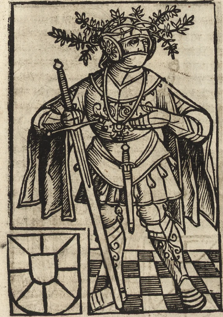 An illustration from Dits die excellente Cronike vā vlaenderē Beghinnende vā Liederick Buc den eersten Forestier tot dē laetstē, die door haer vrome feytē, namaels Grauē vā Vlaendrē ghemaect wordē, achteruolghende die rechte afcomste der voorsz grauē, tot desen onsen doorluchtichstē hoochghborē Keyser Karolo altijt v'meerder des rijcx geborē te Ghendt, etc, 1531, leaf 28