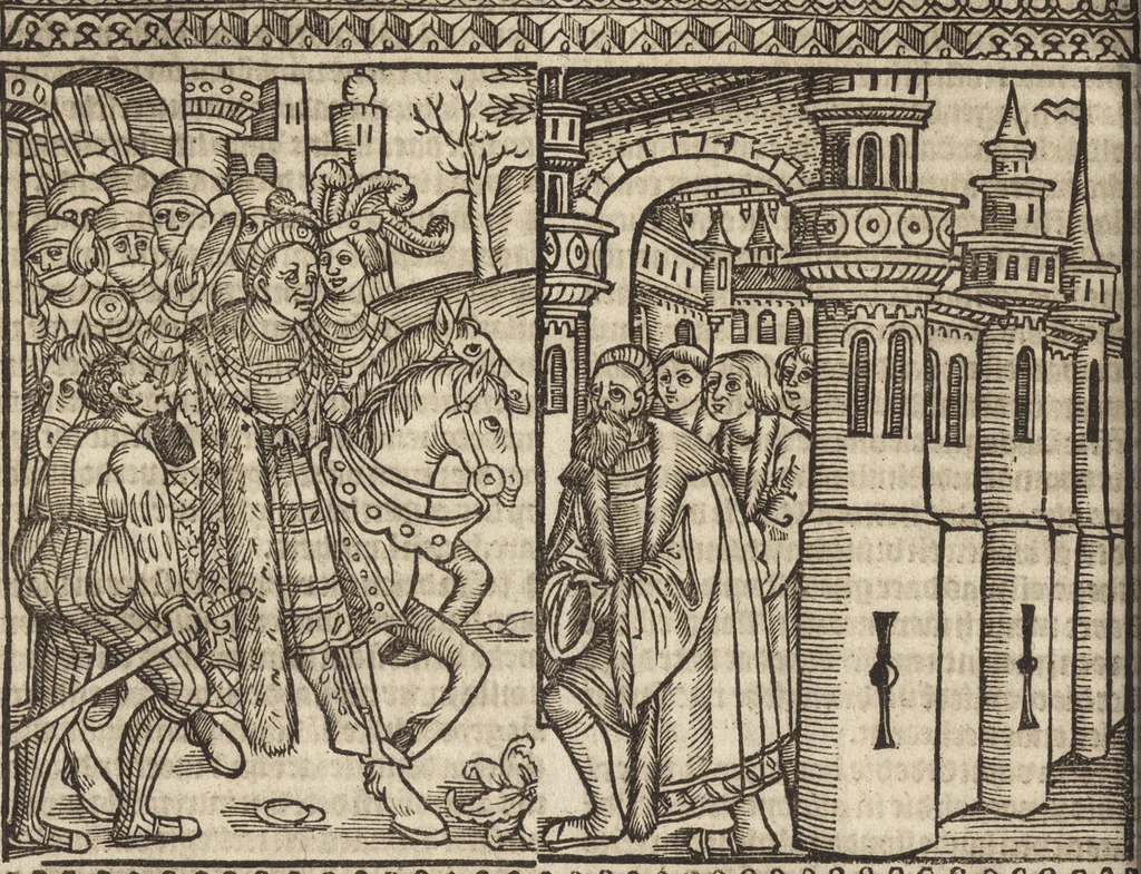 An illustration from Dits die excellente Cronike vā vlaenderē Beghinnende vā Liederick Buc den eersten Forestier tot dē laetstē, die door haer vrome feytē, namaels Grauē vā Vlaendrē ghemaect wordē, achteruolghende die rechte afcomste der voorsz grauē, tot desen onsen doorluchtichstē hoochghborē Keyser Karolo altijt v'meerder des rijcx geborē te Ghendt, etc, 1531, leaf 281