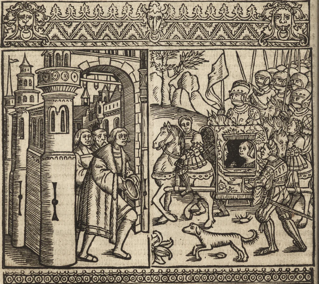 An illustration from Dits die excellente Cronike vā vlaenderē Beghinnende vā Liederick Buc den eersten Forestier tot dē laetstē, die door haer vrome feytē, namaels Grauē vā Vlaendrē ghemaect wordē, achteruolghende die rechte afcomste der voorsz grauē, tot desen onsen doorluchtichstē hoochghborē Keyser Karolo altijt v'meerder des rijcx geborē te Ghendt, etc, 1531, leaf 287