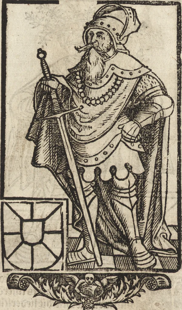 An illustration from Dits die excellente Cronike vā vlaenderē Beghinnende vā Liederick Buc den eersten Forestier tot dē laetstē, die door haer vrome feytē, namaels Grauē vā Vlaendrē ghemaect wordē, achteruolghende die rechte afcomste der voorsz grauē, tot desen onsen doorluchtichstē hoochghborē Keyser Karolo altijt v'meerder des rijcx geborē te Ghendt, etc, 1531, leaf 29