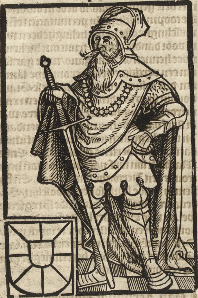 An illustration from Dits die excellente Cronike vā vlaenderē Beghinnende vā Liederick Buc den eersten Forestier tot dē laetstē, die door haer vrome feytē, namaels Grauē vā Vlaendrē ghemaect wordē, achteruolghende die rechte afcomste der voorsz grauē, tot desen onsen doorluchtichstē hoochghborē Keyser Karolo altijt v'meerder des rijcx geborē te Ghendt, etc, 1531, leaf 32