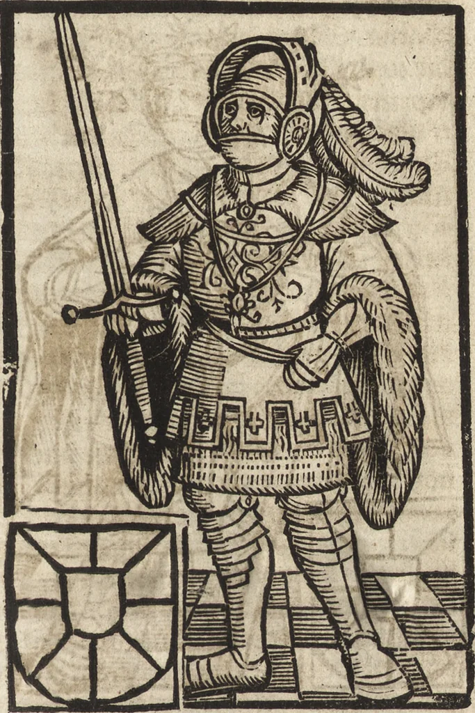 An illustration from Dits die excellente Cronike vā vlaenderē Beghinnende vā Liederick Buc den eersten Forestier tot dē laetstē, die door haer vrome feytē, namaels Grauē vā Vlaendrē ghemaect wordē, achteruolghende die rechte afcomste der voorsz grauē, tot desen onsen doorluchtichstē hoochghborē Keyser Karolo altijt v'meerder des rijcx geborē te Ghendt, etc, 1531, leaf 32