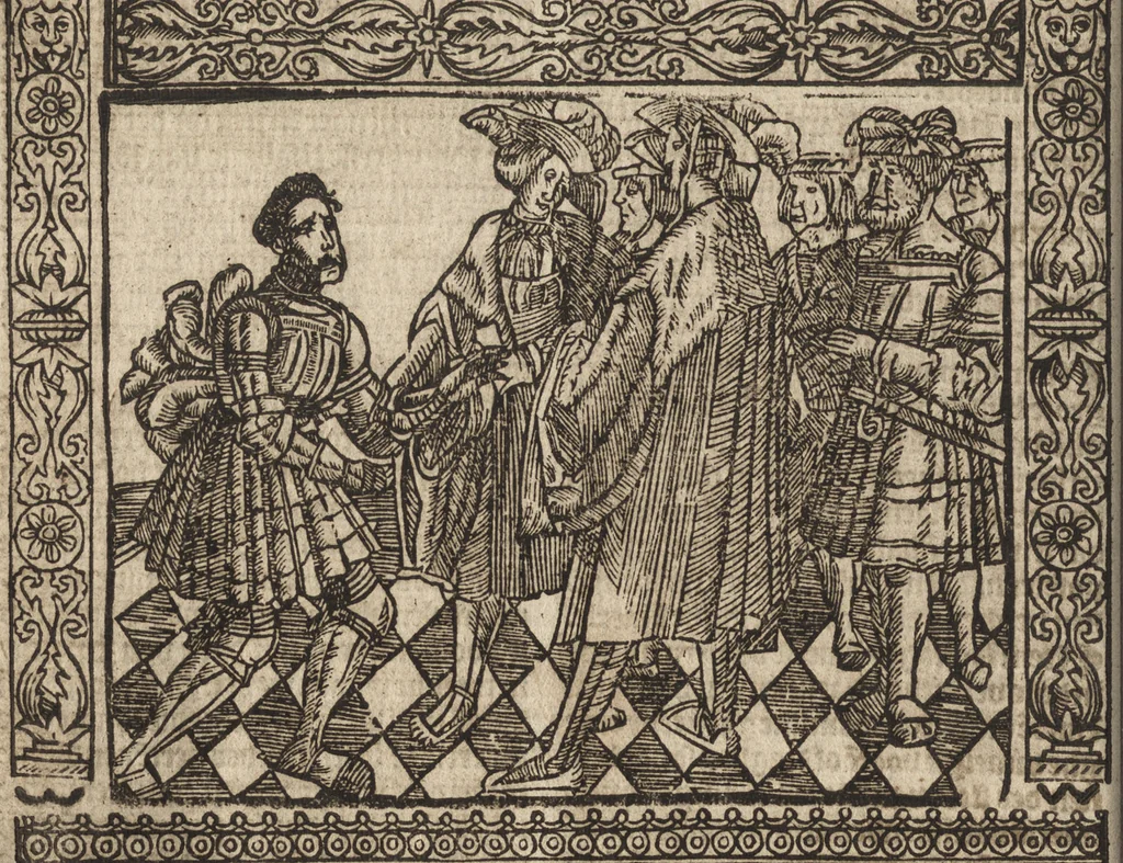 An illustration from Dits die excellente Cronike vā vlaenderē Beghinnende vā Liederick Buc den eersten Forestier tot dē laetstē, die door haer vrome feytē, namaels Grauē vā Vlaendrē ghemaect wordē, achteruolghende die rechte afcomste der voorsz grauē, tot desen onsen doorluchtichstē hoochghborē Keyser Karolo altijt v'meerder des rijcx geborē te Ghendt, etc, 1531, leaf 321