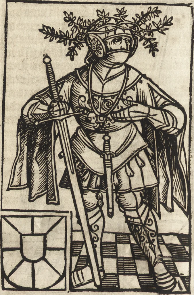 An illustration from Dits die excellente Cronike vā vlaenderē Beghinnende vā Liederick Buc den eersten Forestier tot dē laetstē, die door haer vrome feytē, namaels Grauē vā Vlaendrē ghemaect wordē, achteruolghende die rechte afcomste der voorsz grauē, tot desen onsen doorluchtichstē hoochghborē Keyser Karolo altijt v'meerder des rijcx geborē te Ghendt, etc, 1531, leaf 33