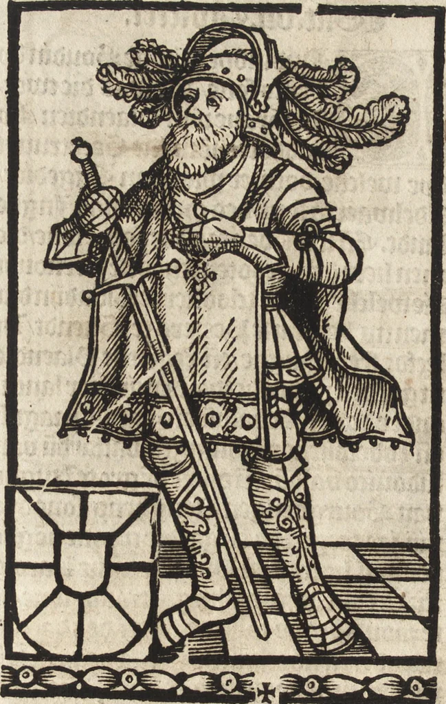 An illustration from Dits die excellente Cronike vā vlaenderē Beghinnende vā Liederick Buc den eersten Forestier tot dē laetstē, die door haer vrome feytē, namaels Grauē vā Vlaendrē ghemaect wordē, achteruolghende die rechte afcomste der voorsz grauē, tot desen onsen doorluchtichstē hoochghborē Keyser Karolo altijt v'meerder des rijcx geborē te Ghendt, etc, 1531, leaf 33