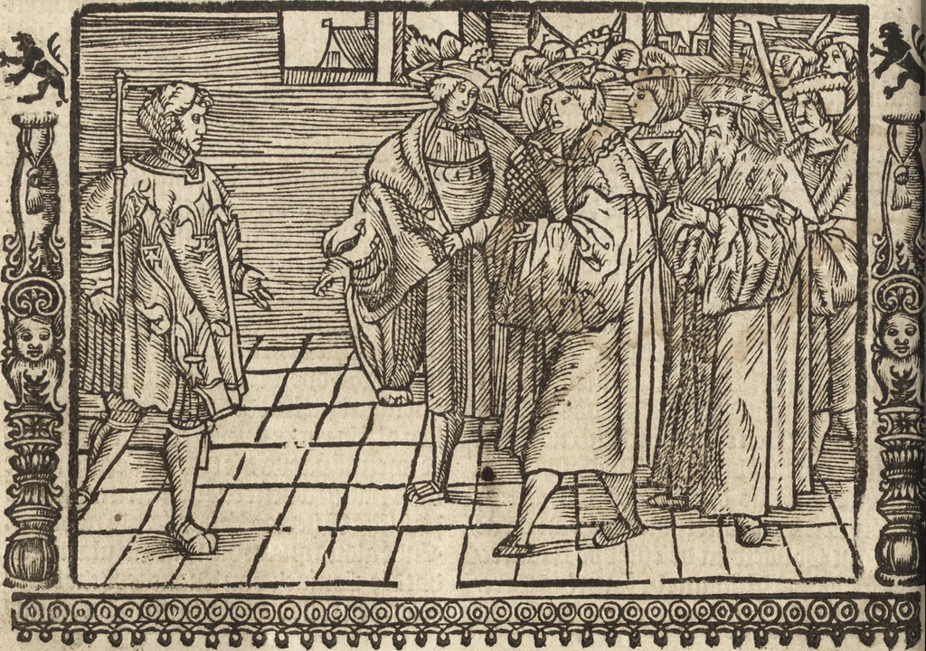An illustration from Dits die excellente Cronike vā vlaenderē Beghinnende vā Liederick Buc den eersten Forestier tot dē laetstē, die door haer vrome feytē, namaels Grauē vā Vlaendrē ghemaect wordē, achteruolghende die rechte afcomste der voorsz grauē, tot desen onsen doorluchtichstē hoochghborē Keyser Karolo altijt v'meerder des rijcx geborē te Ghendt, etc, 1531, leaf 331