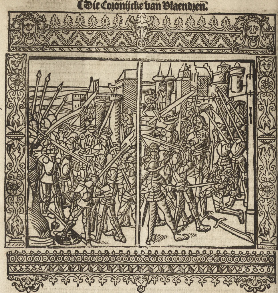 An illustration from Dits die excellente Cronike vā vlaenderē Beghinnende vā Liederick Buc den eersten Forestier tot dē laetstē, die door haer vrome feytē, namaels Grauē vā Vlaendrē ghemaect wordē, achteruolghende die rechte afcomste der voorsz grauē, tot desen onsen doorluchtichstē hoochghborē Keyser Karolo altijt v'meerder des rijcx geborē te Ghendt, etc, 1531, leaf 335