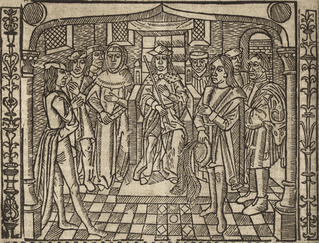 An illustration from Dits die excellente Cronike vā vlaenderē Beghinnende vā Liederick Buc den eersten Forestier tot dē laetstē, die door haer vrome feytē, namaels Grauē vā Vlaendrē ghemaect wordē, achteruolghende die rechte afcomste der voorsz grauē, tot desen onsen doorluchtichstē hoochghborē Keyser Karolo altijt v'meerder des rijcx geborē te Ghendt, etc, 1531, leaf 339