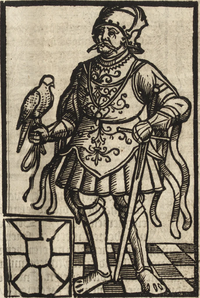 An illustration from Dits die excellente Cronike vā vlaenderē Beghinnende vā Liederick Buc den eersten Forestier tot dē laetstē, die door haer vrome feytē, namaels Grauē vā Vlaendrē ghemaect wordē, achteruolghende die rechte afcomste der voorsz grauē, tot desen onsen doorluchtichstē hoochghborē Keyser Karolo altijt v'meerder des rijcx geborē te Ghendt, etc, 1531, leaf 34