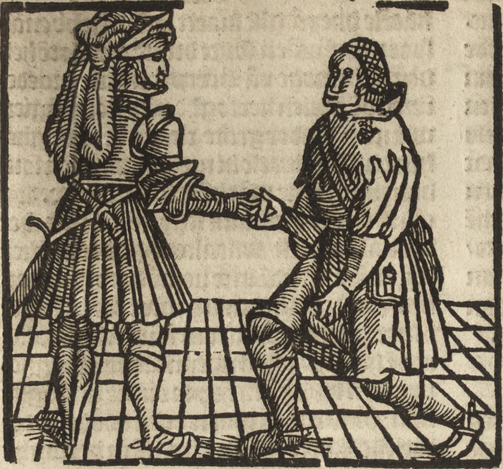 An illustration from Dits die excellente Cronike vā vlaenderē Beghinnende vā Liederick Buc den eersten Forestier tot dē laetstē, die door haer vrome feytē, namaels Grauē vā Vlaendrē ghemaect wordē, achteruolghende die rechte afcomste der voorsz grauē, tot desen onsen doorluchtichstē hoochghborē Keyser Karolo altijt v'meerder des rijcx geborē te Ghendt, etc, 1531, leaf 343
