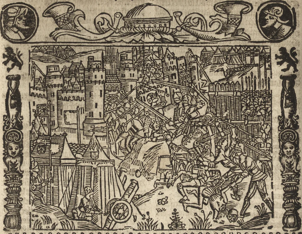 An illustration from Dits die excellente Cronike vā vlaenderē Beghinnende vā Liederick Buc den eersten Forestier tot dē laetstē, die door haer vrome feytē, namaels Grauē vā Vlaendrē ghemaect wordē, achteruolghende die rechte afcomste der voorsz grauē, tot desen onsen doorluchtichstē hoochghborē Keyser Karolo altijt v'meerder des rijcx geborē te Ghendt, etc, 1531, leaf 345