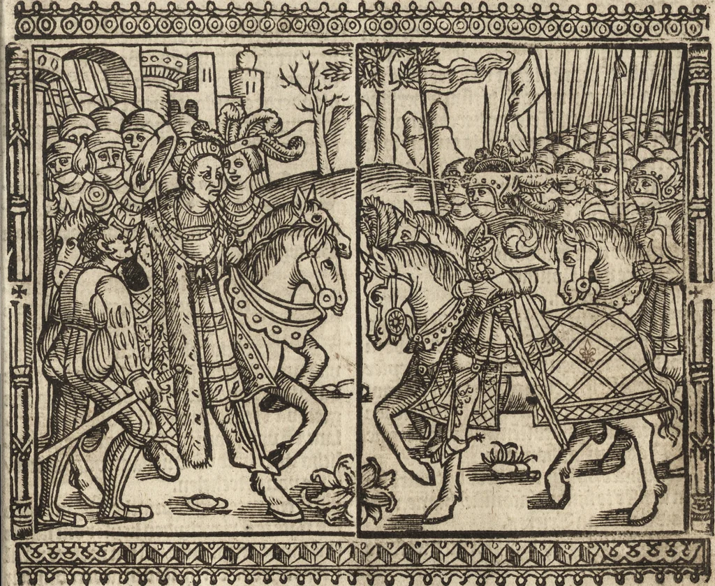 An illustration from Dits die excellente Cronike vā vlaenderē Beghinnende vā Liederick Buc den eersten Forestier tot dē laetstē, die door haer vrome feytē, namaels Grauē vā Vlaendrē ghemaect wordē, achteruolghende die rechte afcomste der voorsz grauē, tot desen onsen doorluchtichstē hoochghborē Keyser Karolo altijt v'meerder des rijcx geborē te Ghendt, etc, 1531, leaf 348