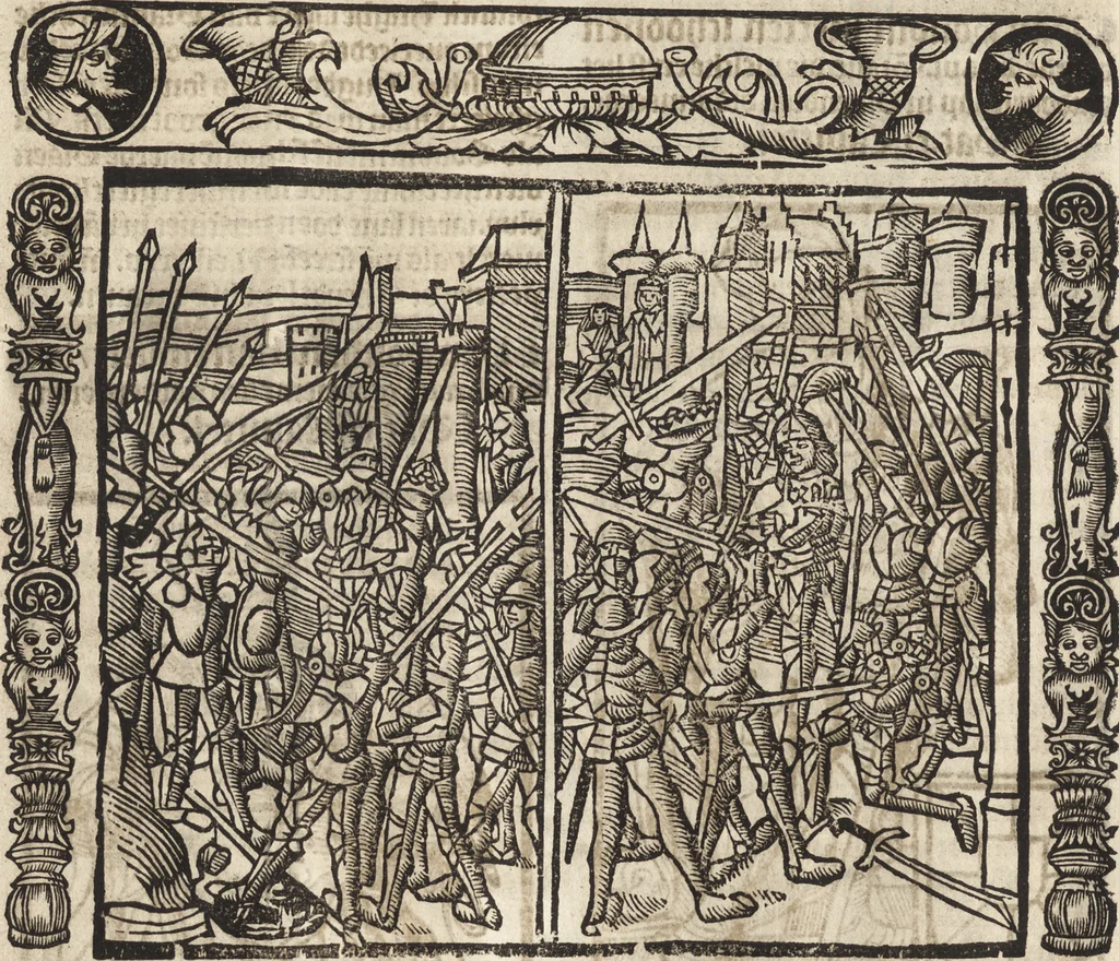 An illustration from Dits die excellente Cronike vā vlaenderē Beghinnende vā Liederick Buc den eersten Forestier tot dē laetstē, die door haer vrome feytē, namaels Grauē vā Vlaendrē ghemaect wordē, achteruolghende die rechte afcomste der voorsz grauē, tot desen onsen doorluchtichstē hoochghborē Keyser Karolo altijt v'meerder des rijcx geborē te Ghendt, etc, 1531, leaf 35