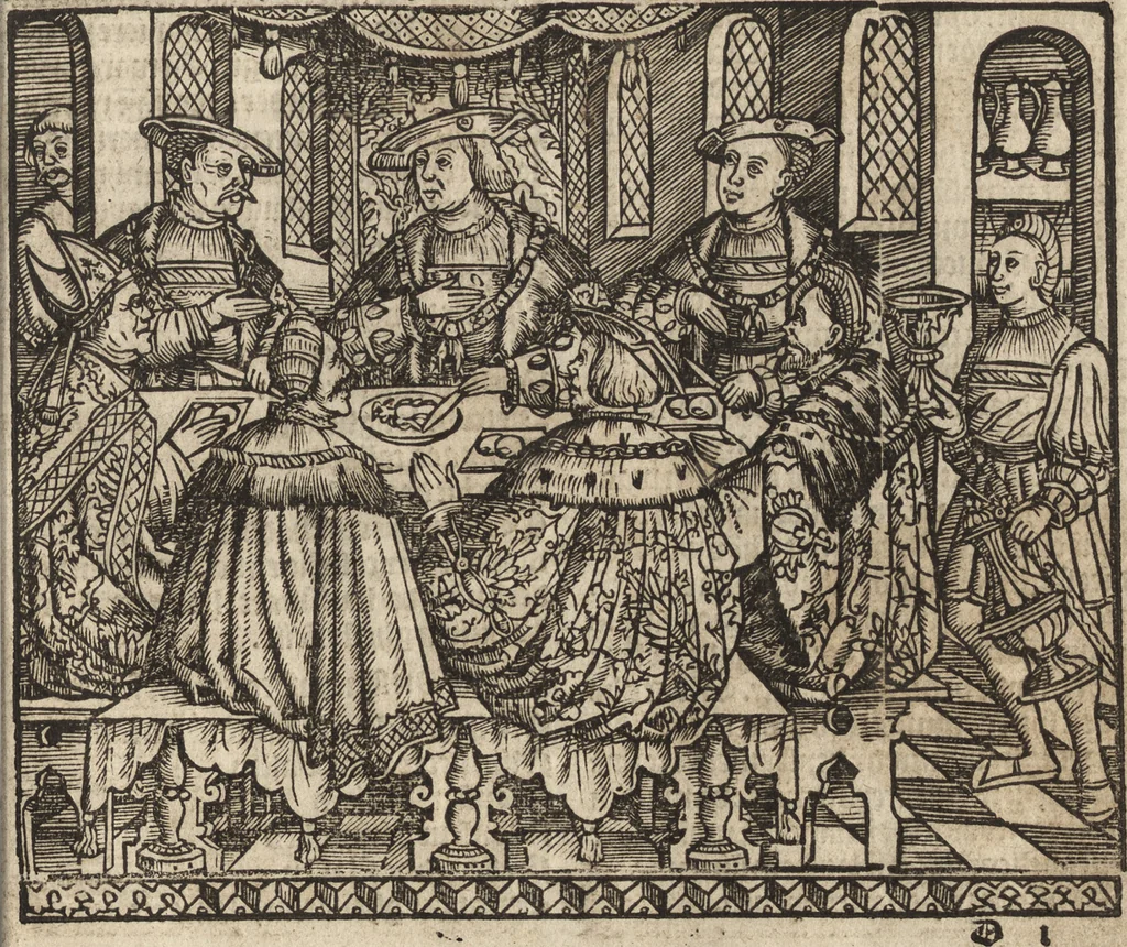 An illustration from Dits die excellente Cronike vā vlaenderē Beghinnende vā Liederick Buc den eersten Forestier tot dē laetstē, die door haer vrome feytē, namaels Grauē vā Vlaendrē ghemaect wordē, achteruolghende die rechte afcomste der voorsz grauē, tot desen onsen doorluchtichstē hoochghborē Keyser Karolo altijt v'meerder des rijcx geborē te Ghendt, etc, 1531, leaf 352